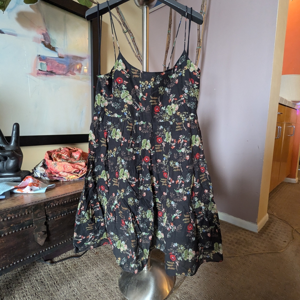 Floral Black Dress with Red and Green Accents